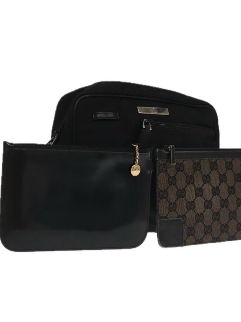 GUCCI GG Canvas Clutch Bag Leather 3 Set Black Auth ti2507